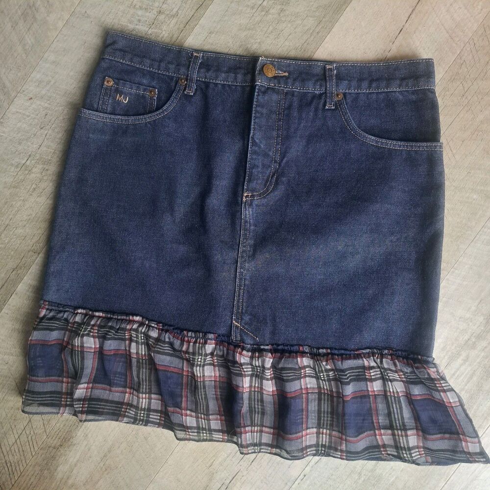 Marc Jacobs Size 10 Medium Short Mini Skirt DIY Plaid Ruffle Y2k Denim Blue Jean